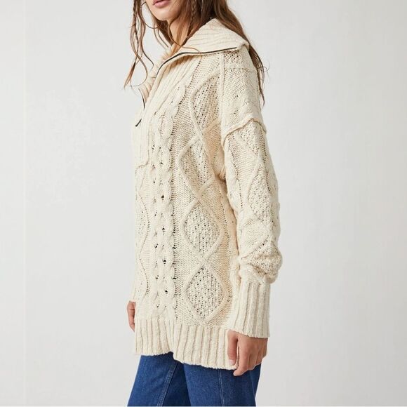 Free People Driftwood Cable Knit Polo in Ivory Size Medium M Fisherman Oversized - Picture 4 of 16